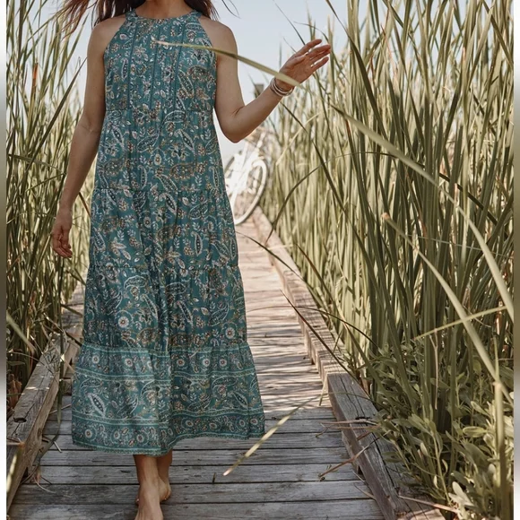J. Jill Tiered Maxi Dress Light Oceanside Lovely Paisley Floral Teal Dress XL - Picture 2 of 8